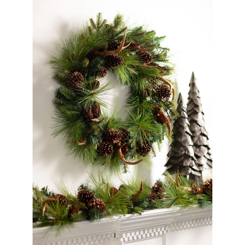 Sullivans Set of 2 Artificial Pine and Antler Wreath 28"H Green, 5 of 6