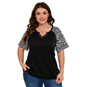 YESFASHION Women Plus Size Blouse Short Sleeve Color Block Top Notched Collar Raglan Shirt - 1 of 4