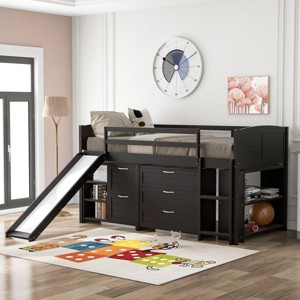 Streamdale Low Twin Size Loft Bed with Cabinets, Shelves and Slide - Espresso - 1 of 4