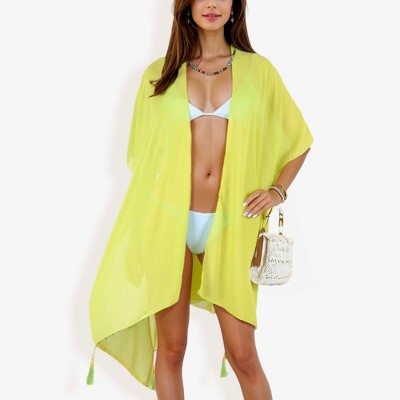 Anna-Kaci Swim Women's Sheer Duster Style Cover-Up With Open Front And Tassel Details- One Size Fits Most, Green