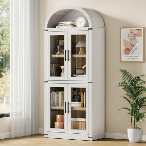 Arched Bookshelf with Doors Farmhouse Bookcase 15.83in Depth Display Storage Shelves 71.4in Tall Wooden Display Cabinet - 1 of 4