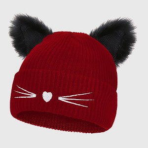 Anna-Kaci Women's Cat Ear Knit Beanie - Faux Fur Ears with Heart Whisker Embroidery for Cute Casual Winter Wear - 1 of 4