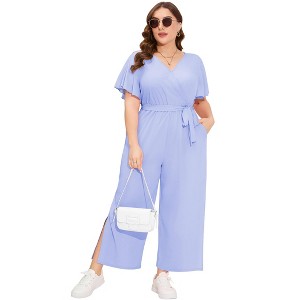 Women's Plus Size V Neck Ruffle Sleeve Belted Wide Leg Pants Summer Casual Long Jumpsuit Rompers - 1 of 4