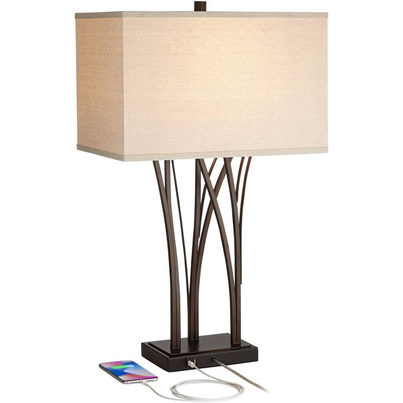 Possini Euro Design Verity 29" Tall Reed Farmhouse Rustic End Table Lamp Dual USB Ports Brown Bronze Finish Metal Single Living Room Charging, 3 of 10