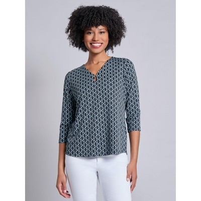 Jones New York Petite 3/4 Sleeve Keyhole Neck Print Top