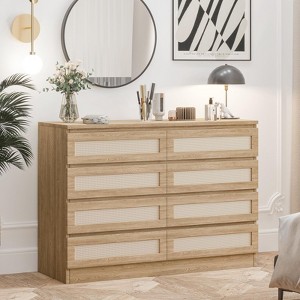 Jojoka 8 Drawer Double Dresser with Rattan Design Modern Wooden Storage Chest for Bedroom Living Room Entryway Closet and Nursery - 1 of 4