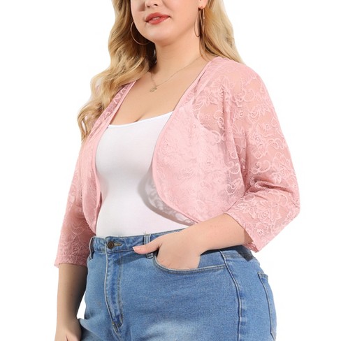 Agnes Orinda Women s Plus Size Sheer Cardigan 3 4 Sleeves Floral Lace Crop Shrug Pink 2x Target