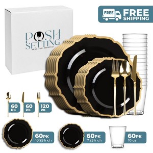 Posh Setting 420 Piece Black And Gold Plastic Party Bundle - Contemporary (60 Settings) - 1 of 4