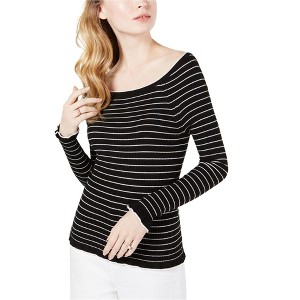 maison Jules Womens Striped Pullover Sweater, Black, X-Small - 1 of 1