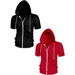Lars Amadeus Men's Solid Full Zip Short Sleeves Hooded Sweatshirt 2 Packs - 1 of 4