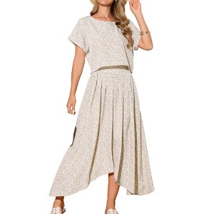 INSPIRE CHIC Women's 2 Piece Summer Floral Short Sleeve Crew Neck and Pleated Irregular Hem Maxi Skirt Sets - 1 of 4