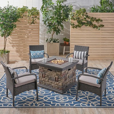 Christopher Knight Home 5pc Cordoba Wrought Iron Outdoor Patio Fire Pit Furniture Set with Club Chairs Gray