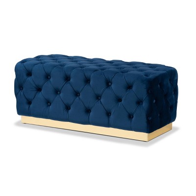 Corrine Navy Blue Velvet Tufted Ottoman with Gold Base