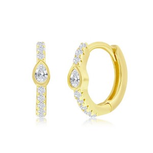 Bella Silver Sterling Silver 11MM Center Pearshaped CZ Huggie Hoop Earrings - Gold Plated - Gold - 1 of 2