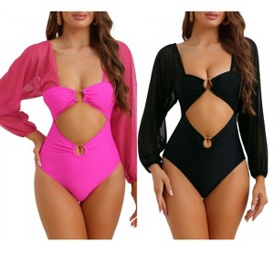INSPIRE CHIC Women's Cut Out Ring Plunge Neck Shirred Long Sleeves Mesh Tummy Control Monokini Swimsuit 2 Sets - 1 of 4