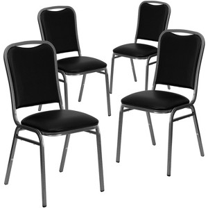 Emma and Oliver 4 Pack Angled Back Stacking Banquet Chair in Black Vinyl with Silver Vein Frame - 1 of 4