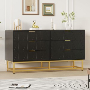 Black 6 Drawer Dresser with Gold Metal Handles Modern Large Dresser Storage Cabine Wooden Chest of Drawers Black - 1 of 4