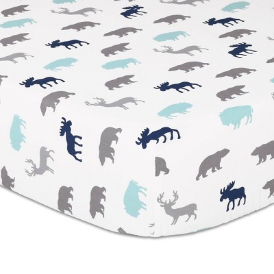 Image of The Peanutshell Fitted Crib Sheet for Baby Boys' or Baby Girls' -  Blue and Gray, Woodland Animal