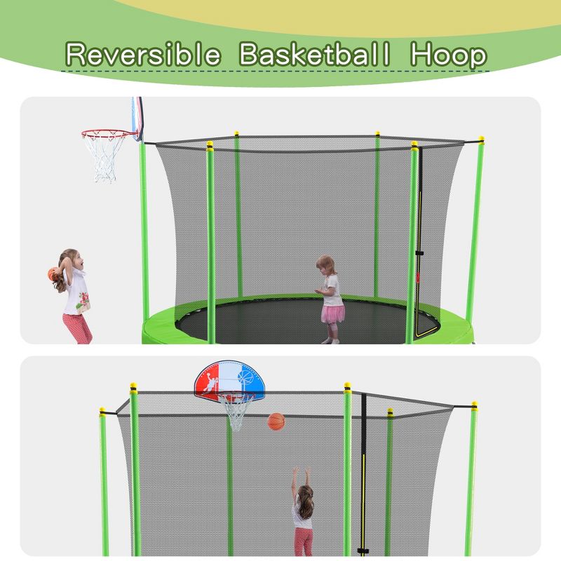 10 FT Round Outdoor Trampoline for Kids with Safety Enclosure Net, Basketball Hoop and Ladder, Green-ModernLuxe, 4 of 16