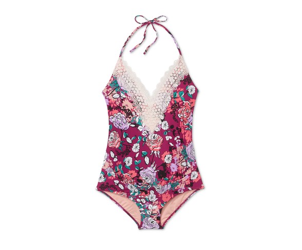 Maternity Floral Lace Front One Piece Swimsuit - Sea Angel - Wine Blossom XXL