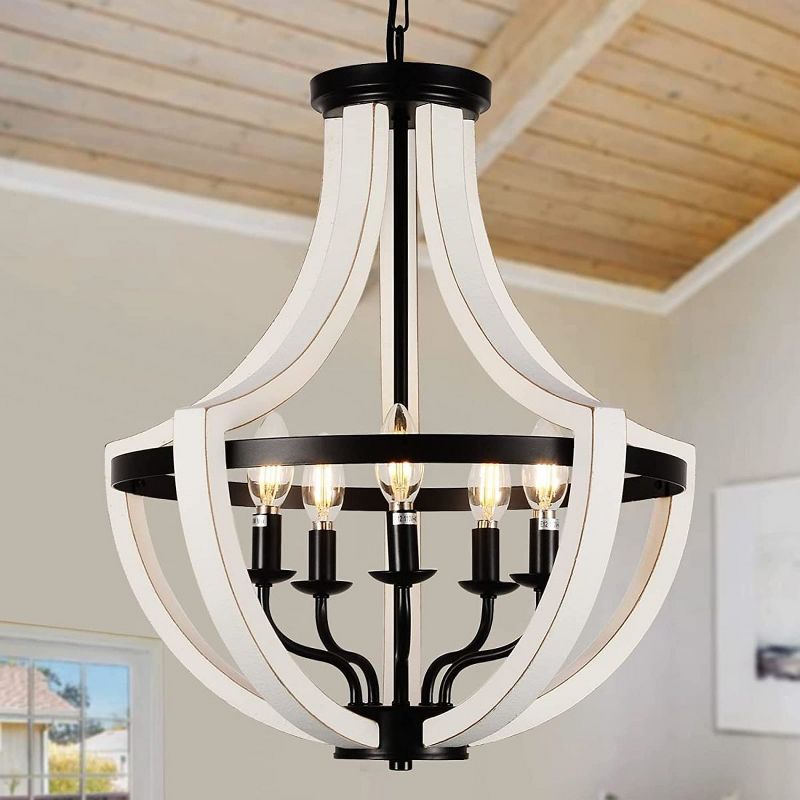19" Farmhouse 5-Lights White Birch+Black Antique Metal Chandeliers Pendant Light Fixtures wood chandelier With Adjustable Length-The Pop Home, 5 of 8