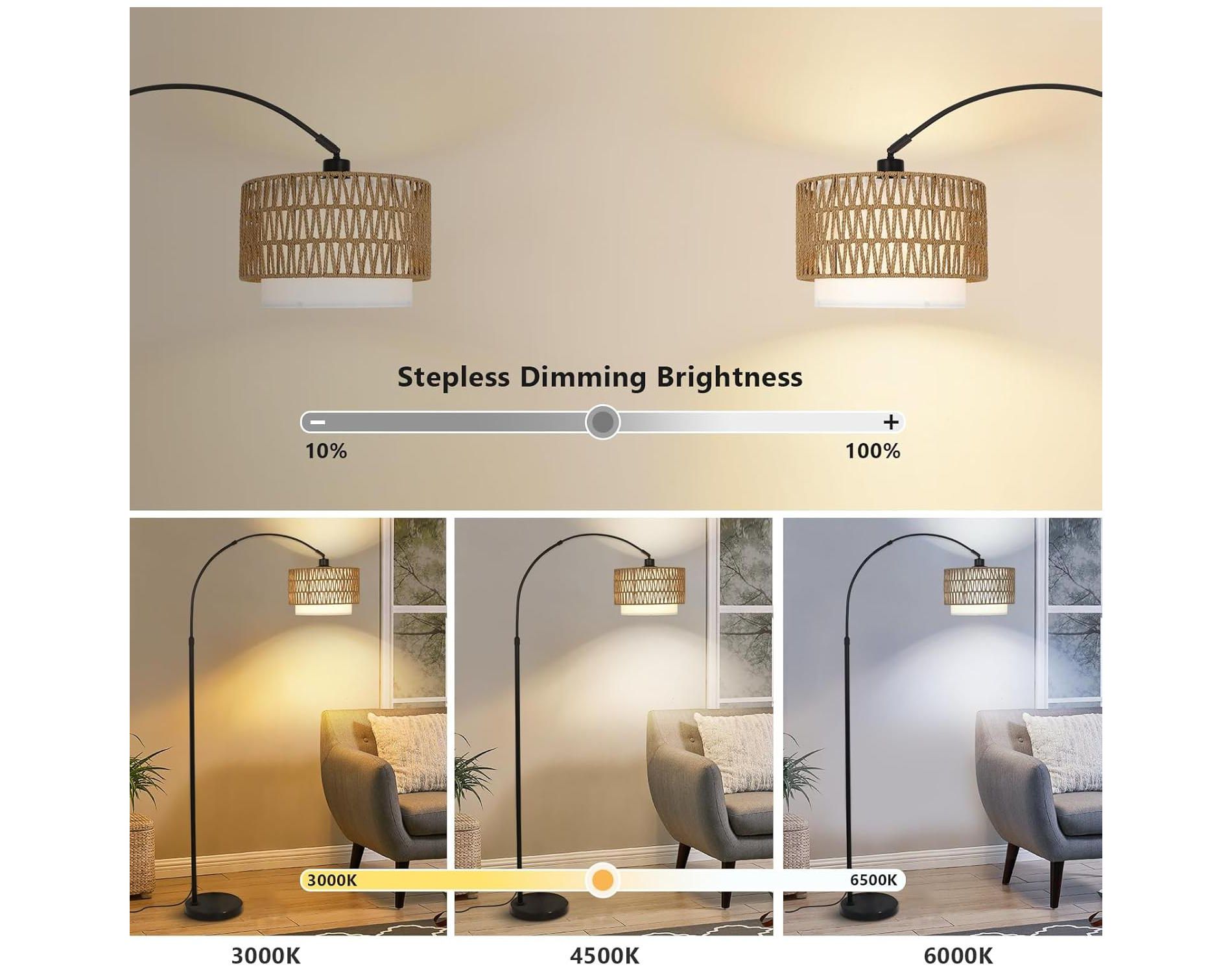 GDFStudio Seli Bohemian Arc Floor Lamp with Rattan Fabric Shades, Dimmable Bulb and Adjustable Height, Black