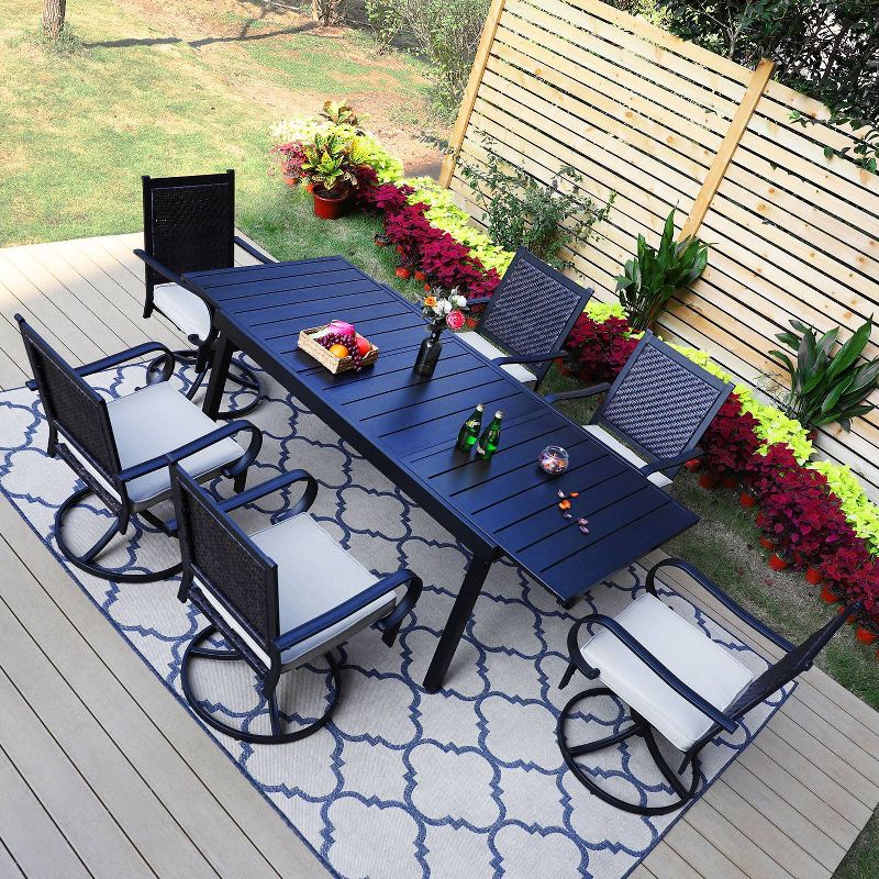 7pc Patio Dining Set with 360 Swivel Chairs with Cushions and Rectangle Concertina Steel Table - Captiva Designs, 2 of 19