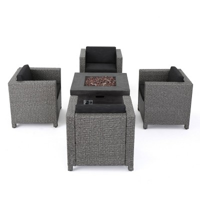5pc Puerta All-Weather Wicker Patio Club Chairs with 32" Gas Firepit - Christopher Knight Home