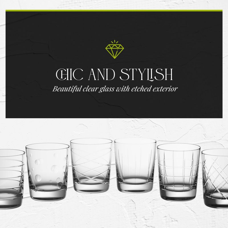 Fifth Avenue Crystal Medallion Old Fashioned Glasses Set of 6, 9.5 oz, Rock Glasses for Vodka, Bourbon, Liquor, Textured Etched Patterns, 3 of 9