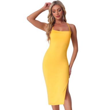 INSPIRE CHIC Women's Spaghetti Strap Sleeveless Split Bodycon Cocktail Party Dress Yellow Large