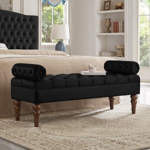 GDFStudio Childe Velvet Tufted Upholstered 51.5" Bench with Round Armrest and Spindle Wood Legs - 1 of 4