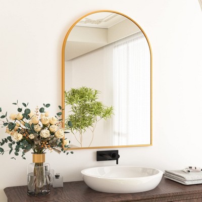 20" x 30" Arched Mantle Mirror, Black/Gold-HOMLUX: Metal Frame, Wall Mount, Modern Decor