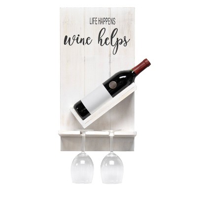 Chalk White Wooden Wall Mounted Wine Bottle Shelf with Glass Holder