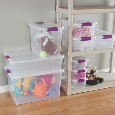 Clear Plastic Stackable Lidded Underbed Storage Boxes, 66 Quart, 6 Pack