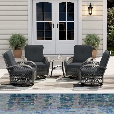 UPHA 5-Piece Patio Outdoor Wicker Swivel Rocking Chair Set with Side Table and Cushions