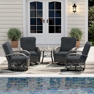 UPHA 5-Piece Patio Outdoor Wicker Swivel Rocking Chair Set with Side Table and Cushions - 1 of 4
