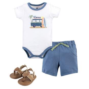 Hudson Baby Infant Boy Cotton Bodysuit, Shorts and Shoe 3pc Set, Gone Surfing
