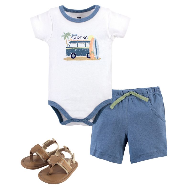 Hudson Baby Infant Boy Cotton Bodysuit, Shorts and Shoe 3pc Set, Gone Surfing, 1 of 6