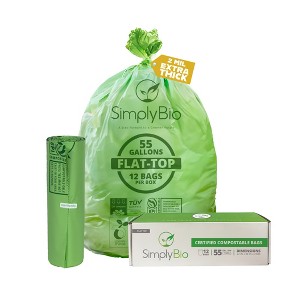 Simply Bio 55 Gallon Compostable Trash Bags Flat-Top, Heavy Duty Extra Thick 2 Mil, 208.2 Liter, 12 Bags, Large Lawn and Yard Waste Bag - 1 of 4
