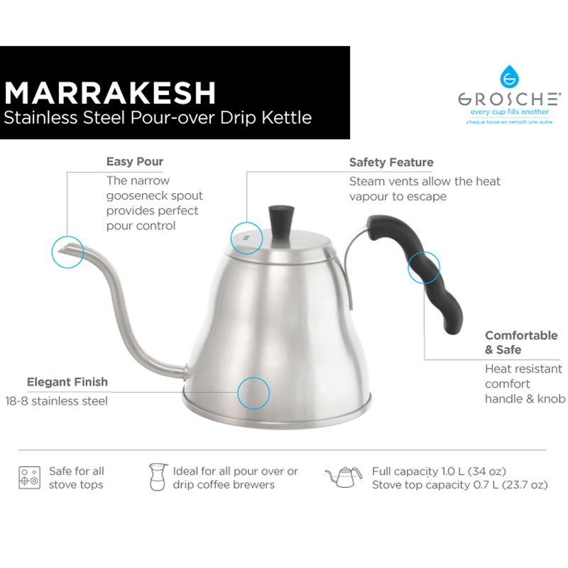 GROSCHE Marrakesh Gooseneck Kettle for Pour Over Coffee Makers and Coffee Drippers, Stainless Steel, 34 oz  , 3 of 10