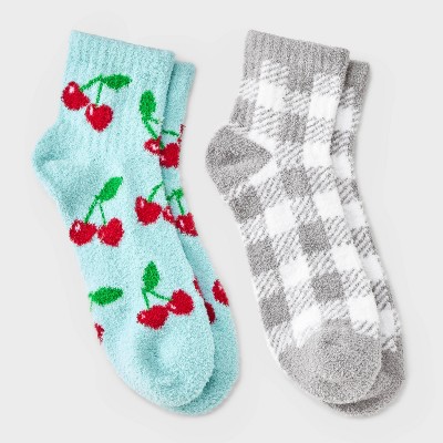 Women's Cherries & Gingham Plaid 2pk Cozy Quarter Crew Socks - Aqua/Gray 4-10