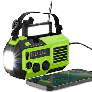 FosPower Emergency Solar Hand Crank Radio for with AM/FM/WB Flashlight, Reading Lamp, Weather SOS Alarm, IPX3 & 5,200mAh Power Bank - Lime Green - 1 of 4