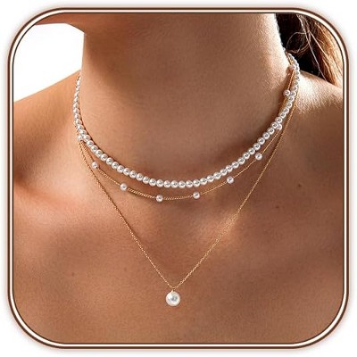 HTUTWOO Gold Pearl Necklace , Dainty 14K Gold Plated Layered Pearl Pendant Clavicle Chain, Retro Layered Necklace for Women