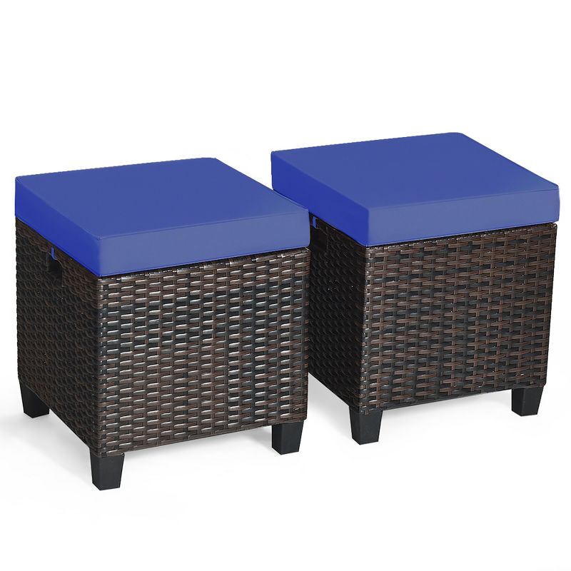 Costway 2PCS Patio Rattan Ottoman Cushioned Seat Foot Rest Coffee Table Furniture Garden Navy, 2 of 11