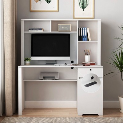 CAVINAS Home Office Desk Modern Wooden Executive Desk with Drawer, Cabinet, Storage Shelves and Sockets for Office