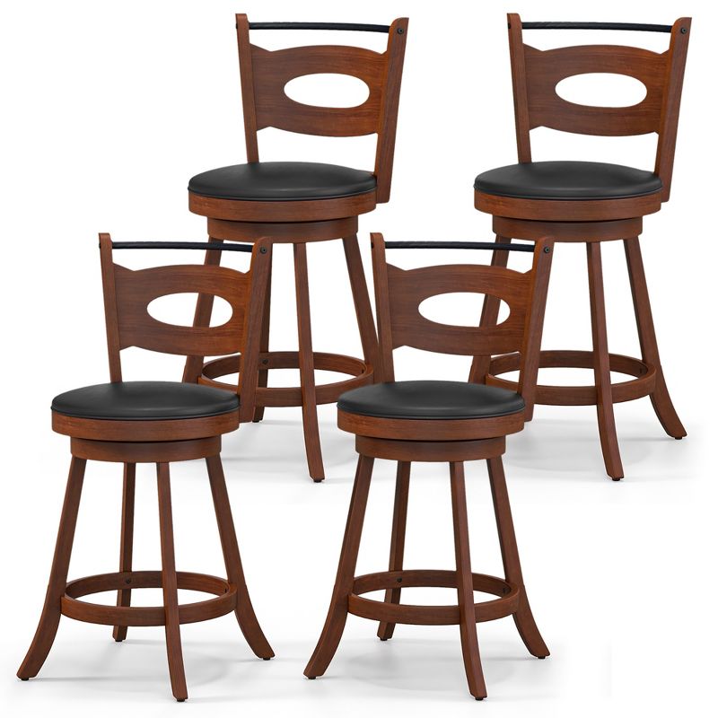 Tangkula Set of 4 360° Swivel Bar Stools Dining Chairs Rubber Wood Leather Padded Seat Brown & Black, 1 of 6