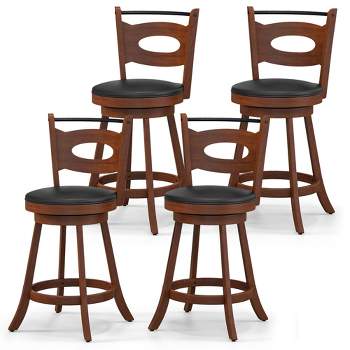 Tangkula Set of 4 360° Swivel Bar Stools Dining Chairs Rubber Wood Leather Padded Seat Brown & Black