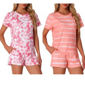 INSPIRE CHIC Women's 2Pcs Pajama Set Round Neck Short Sleeve Top and Drawstring Shorts Loungewear Set - 1 of 4