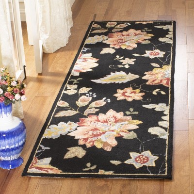 Handmade Chelsea Floral Black Wool Runner Rug - 30" x 4"