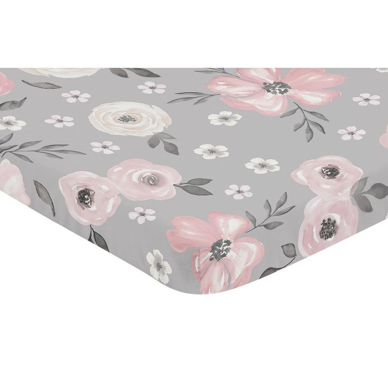 Sweet Jojo Designs Girl Baby Fitted Mini Crib Sheet Watercolor Floral  Grey and Pink, 3 of 6